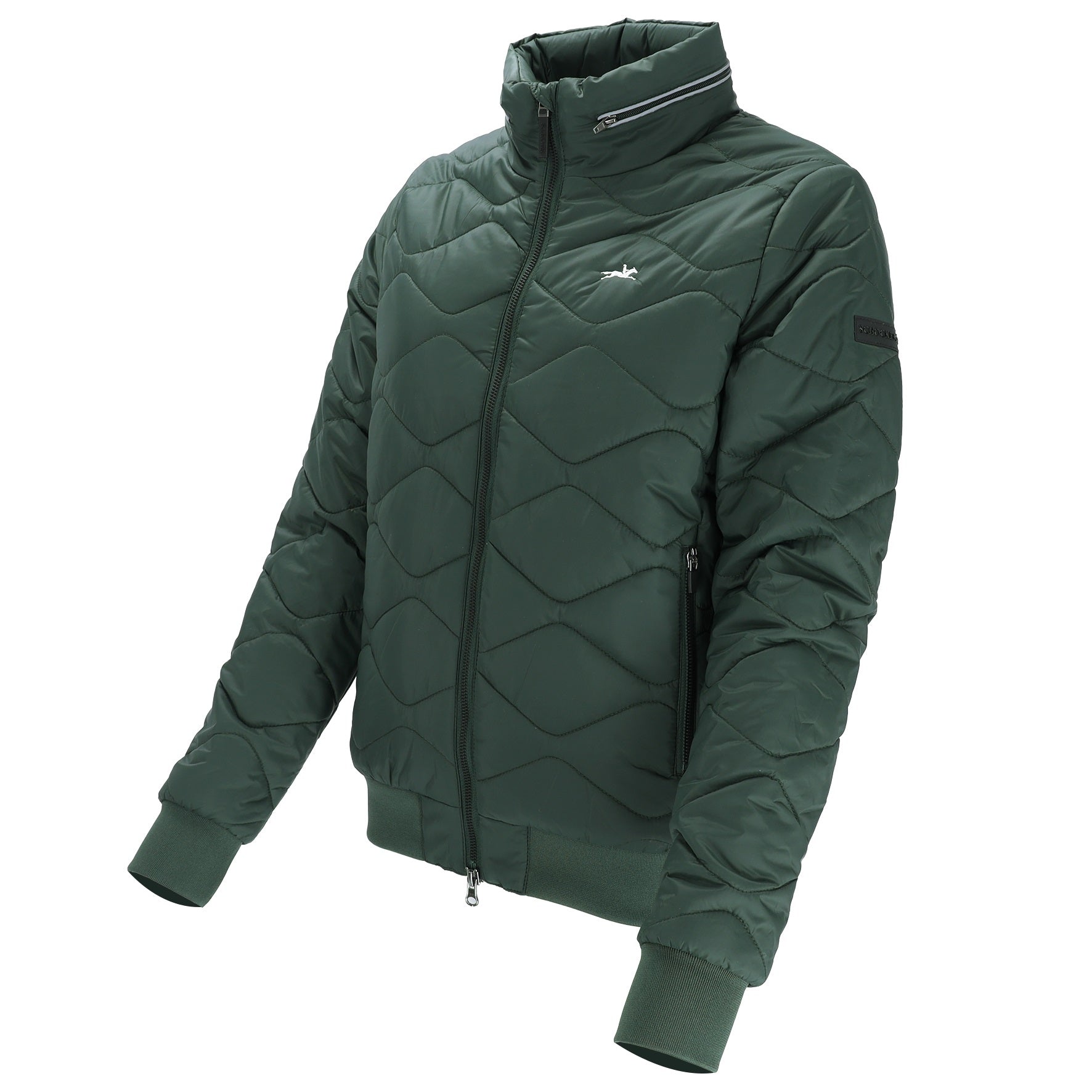 A dark green quilted puffer jacket with a stand-up collar, front zipper, and zippered side pockets, shown on a plain white background.