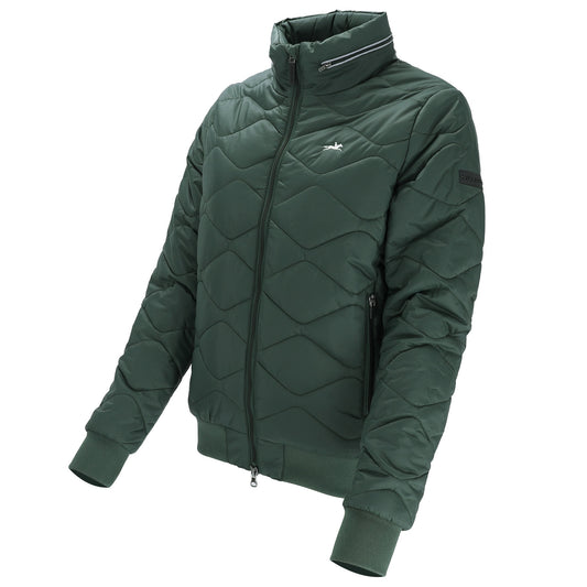 A dark green quilted puffer jacket with a stand-up collar, front zipper, and zippered side pockets, shown on a plain white background.