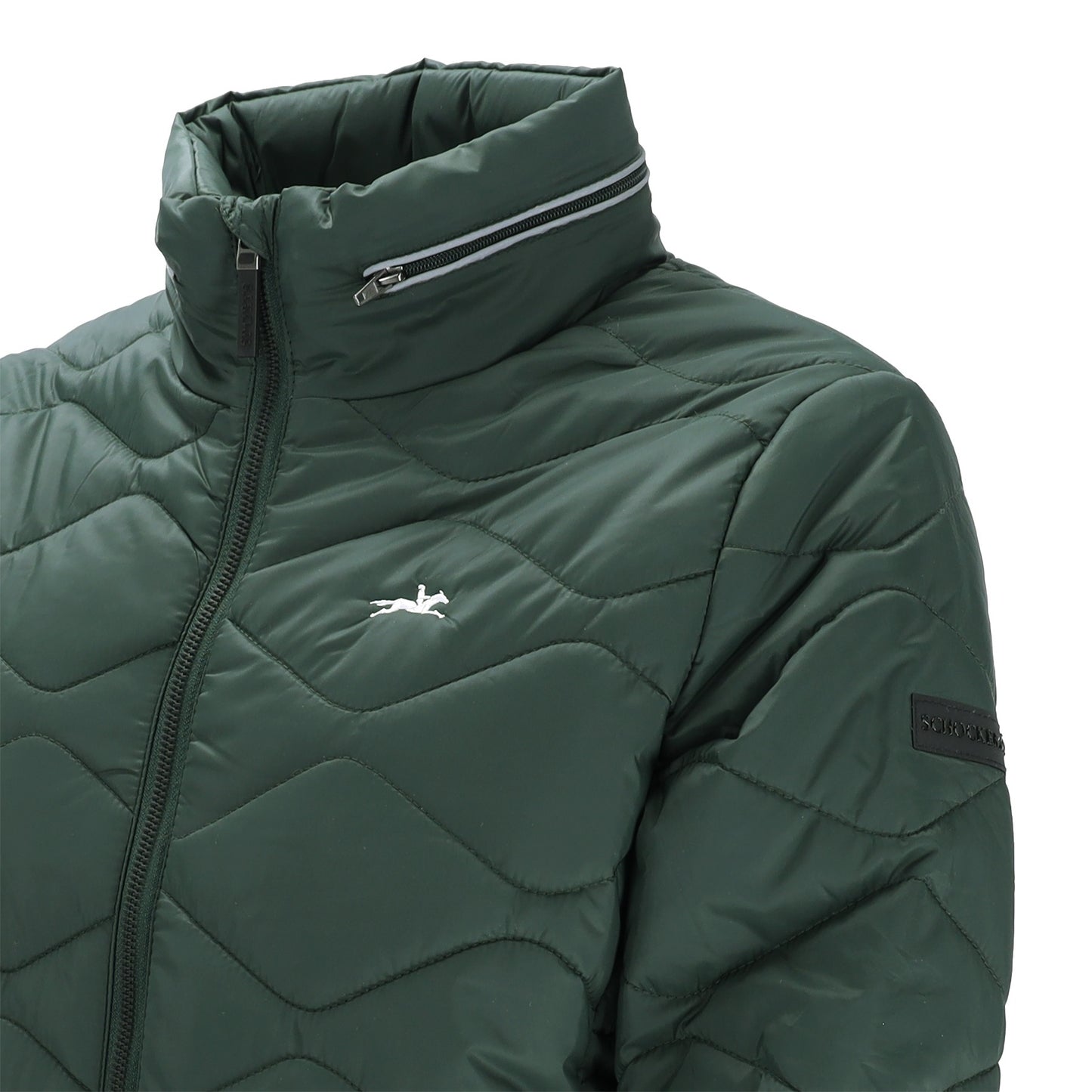 A close-up of a dark green quilted puffer jacket with a high collar, silver zipper, and a white Arc'teryx logo on the chest.