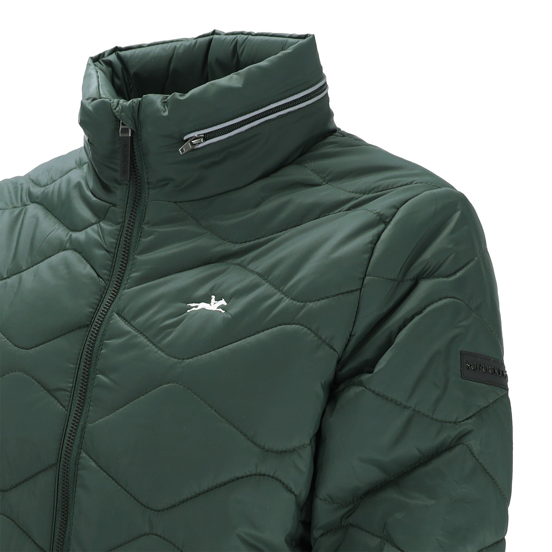 A close-up of a dark green quilted puffer jacket with a high collar, silver zipper, and a white Arc'teryx logo on the chest.