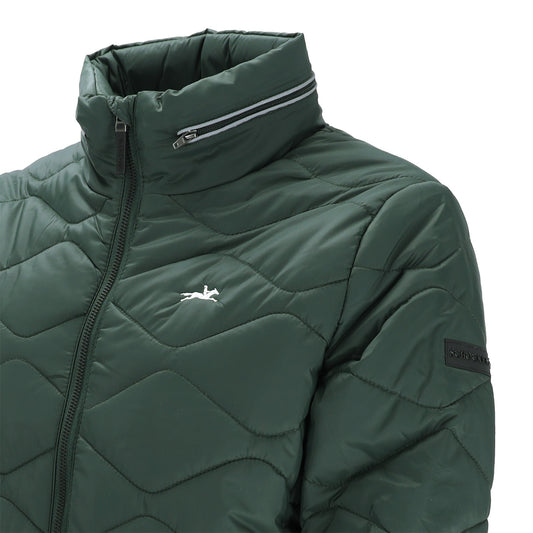A close-up of a dark green quilted puffer jacket with a high collar, silver zipper, and a white Arc'teryx logo on the chest.