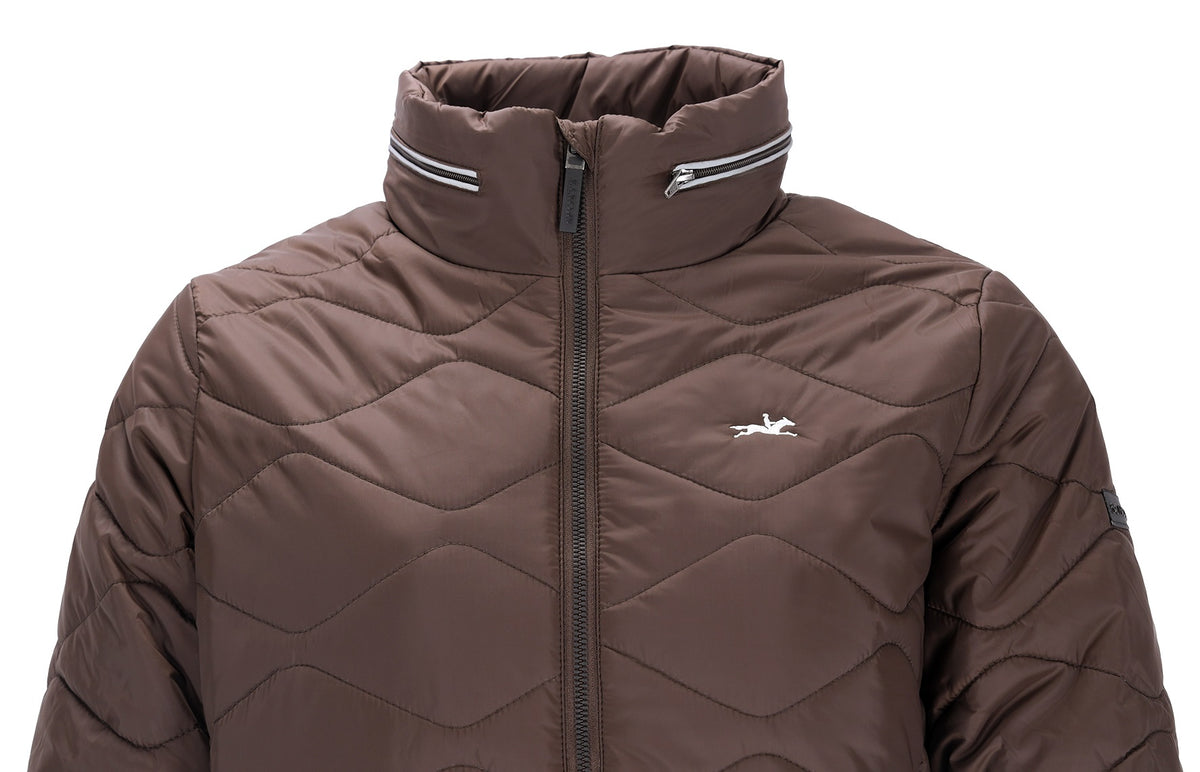 A brown quilted puffer jacket with a stand-up collar, featuring a silver logo on the left chest, shown against a plain white background.