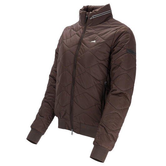 A dark brown quilted puffer jacket with a stand-up collar, full-length front zipper, and zippered side pockets, shown on a plain white background.