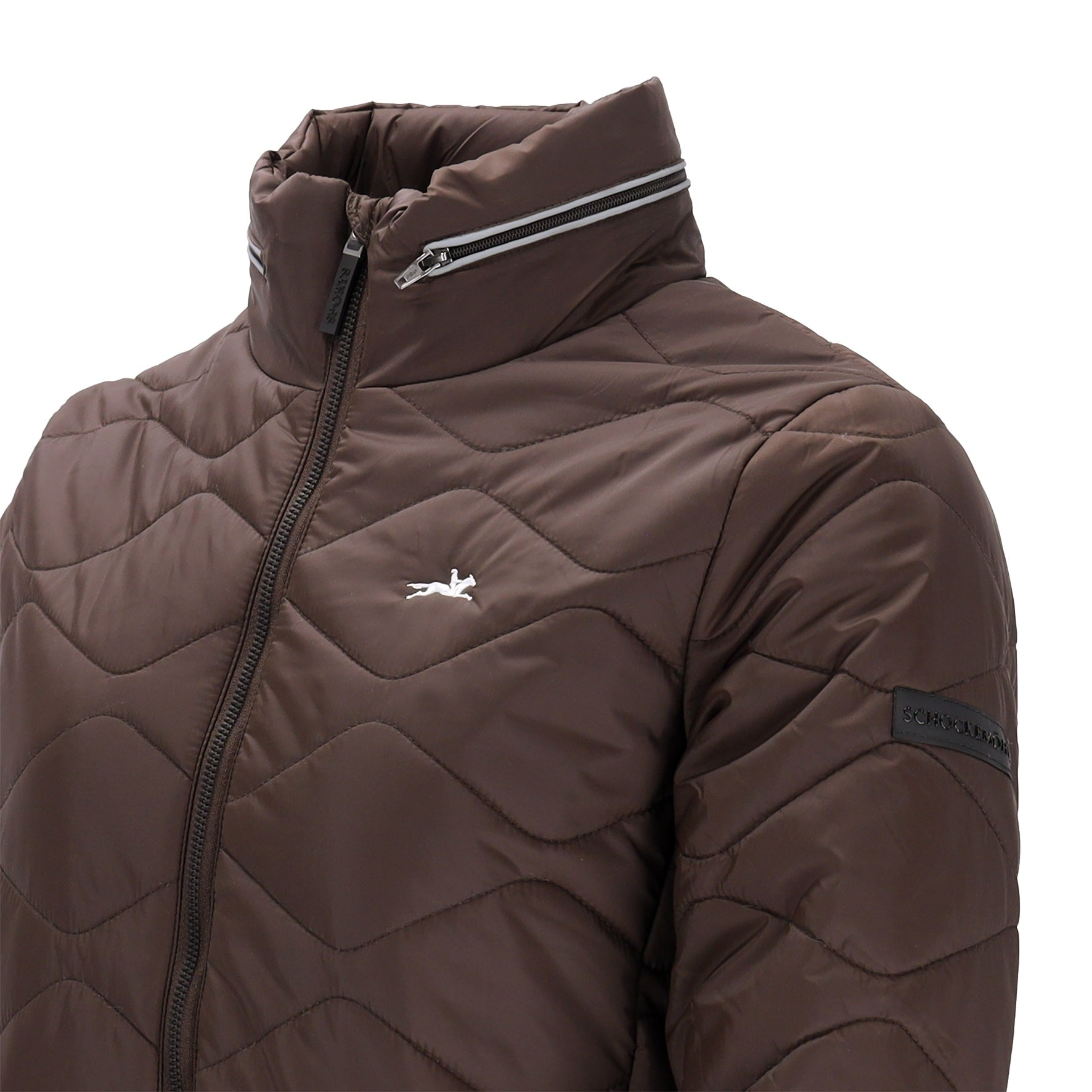 A close-up of a brown quilted puffer jacket with a high stand-up collar, front zipper, and a small white logo on the chest.
