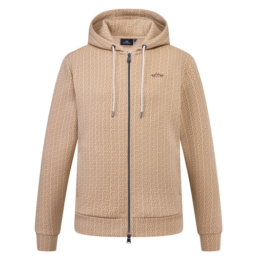 Patterned beige hoodie with a logo on the left chest on a white background