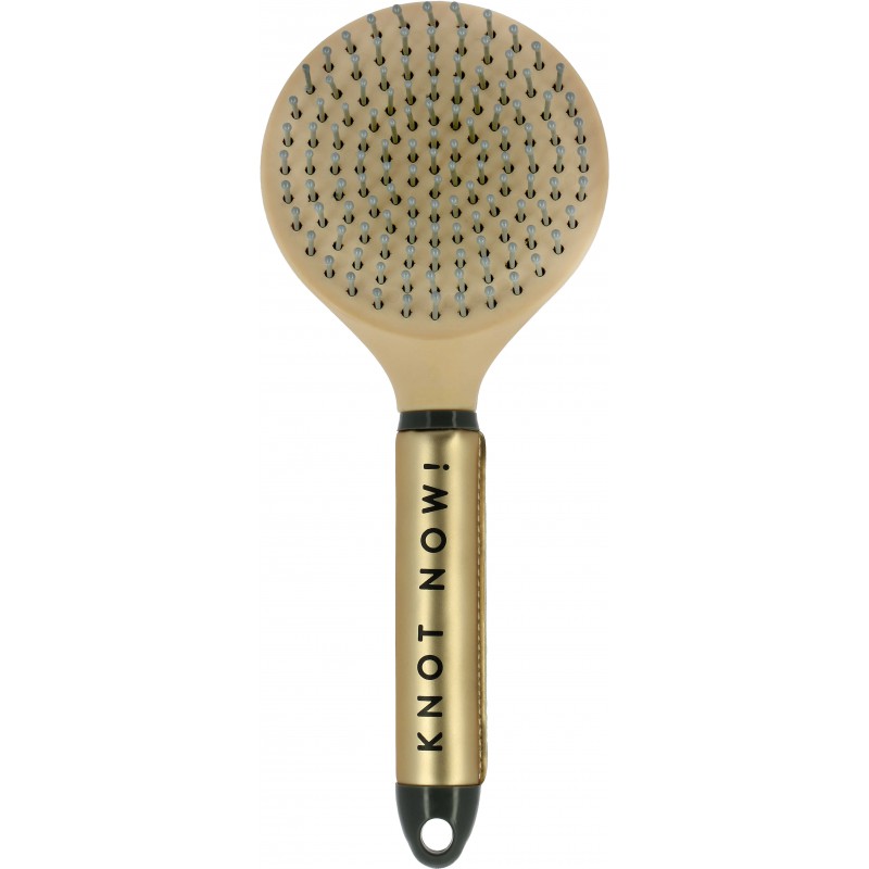 Hairbrush with bristle head and gold handle on a white background
