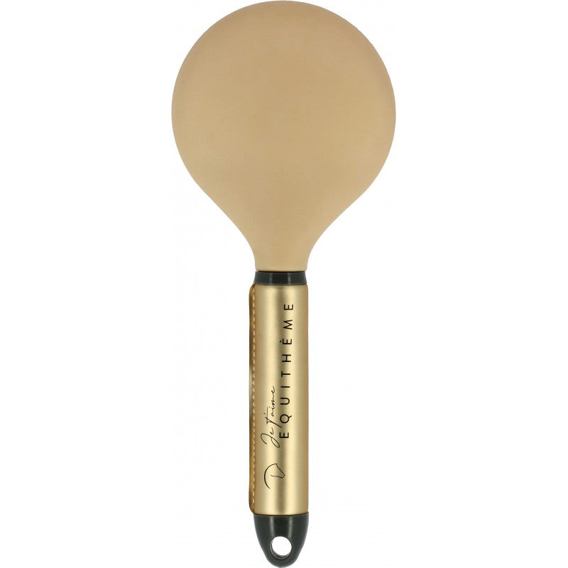 A beige rubber horse prodler with a gold-colored metal handle featuring the brand name 'EQUITHÈME' in black text, set against a plain white background.