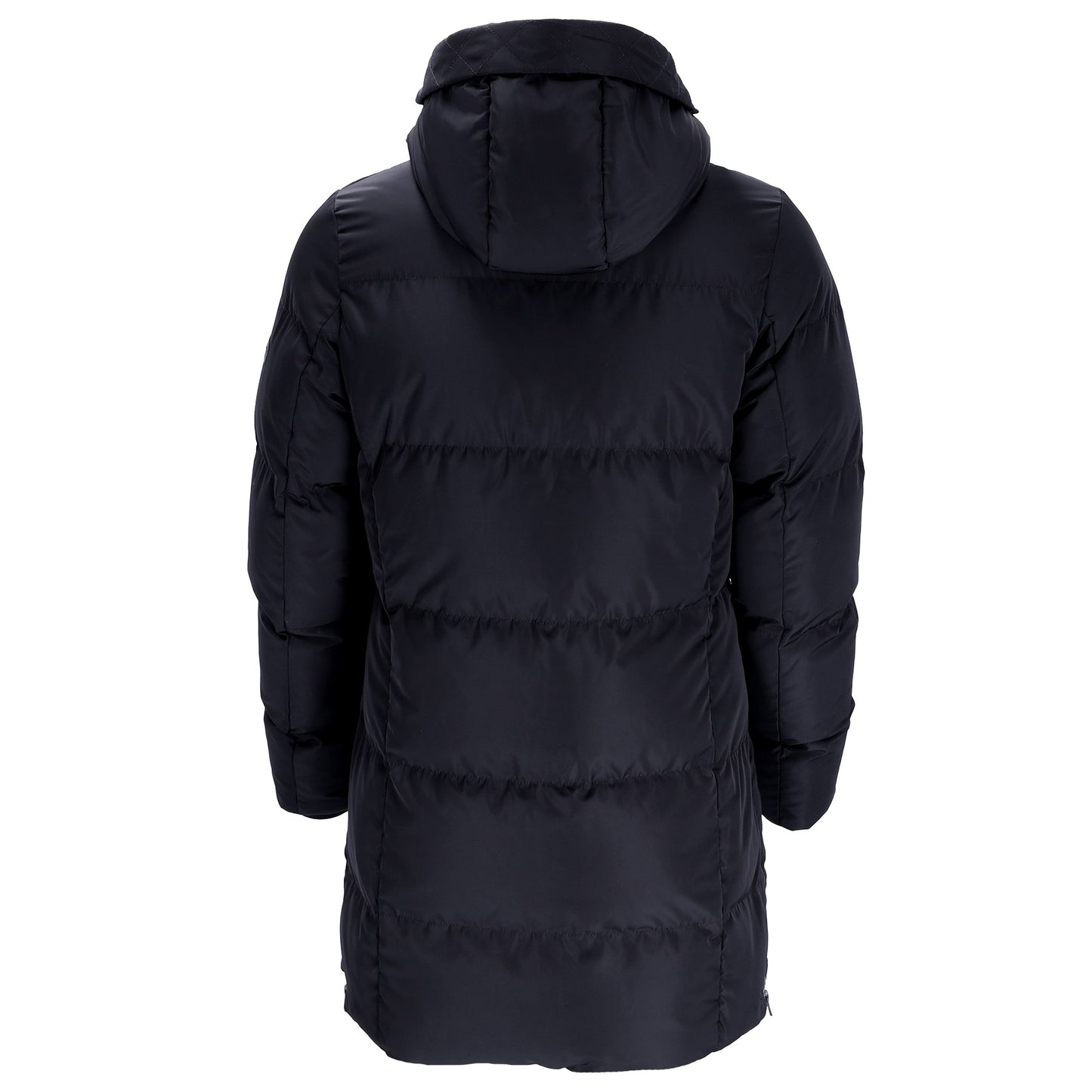 A black hooded puffer jacket shown from the back, featuring horizontal quilting and a padded silhouette, set against a plain white background.