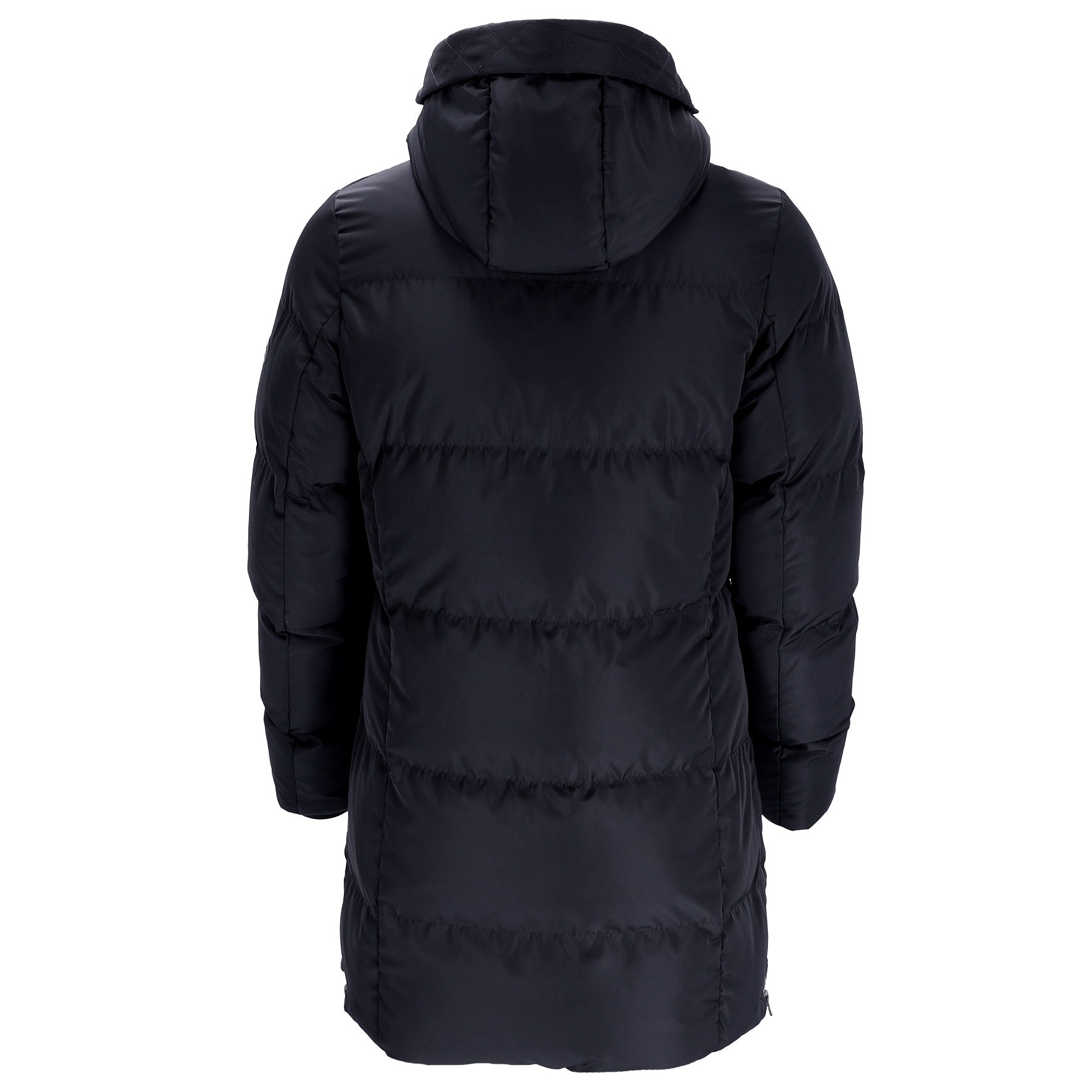 A black hooded puffer jacket shown from the back, featuring horizontal quilting and a padded silhouette, set against a plain white background.