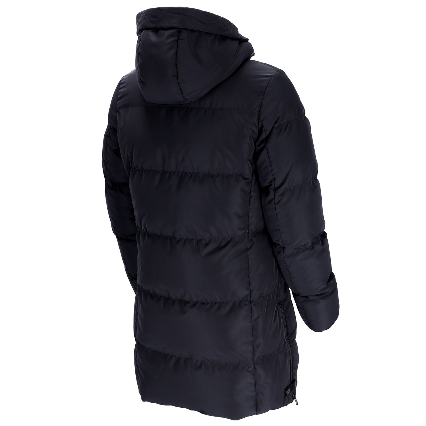 A black hooded puffer jacket shown from the back, featuring horizontal quilting and a high collar, set against a plain white background.