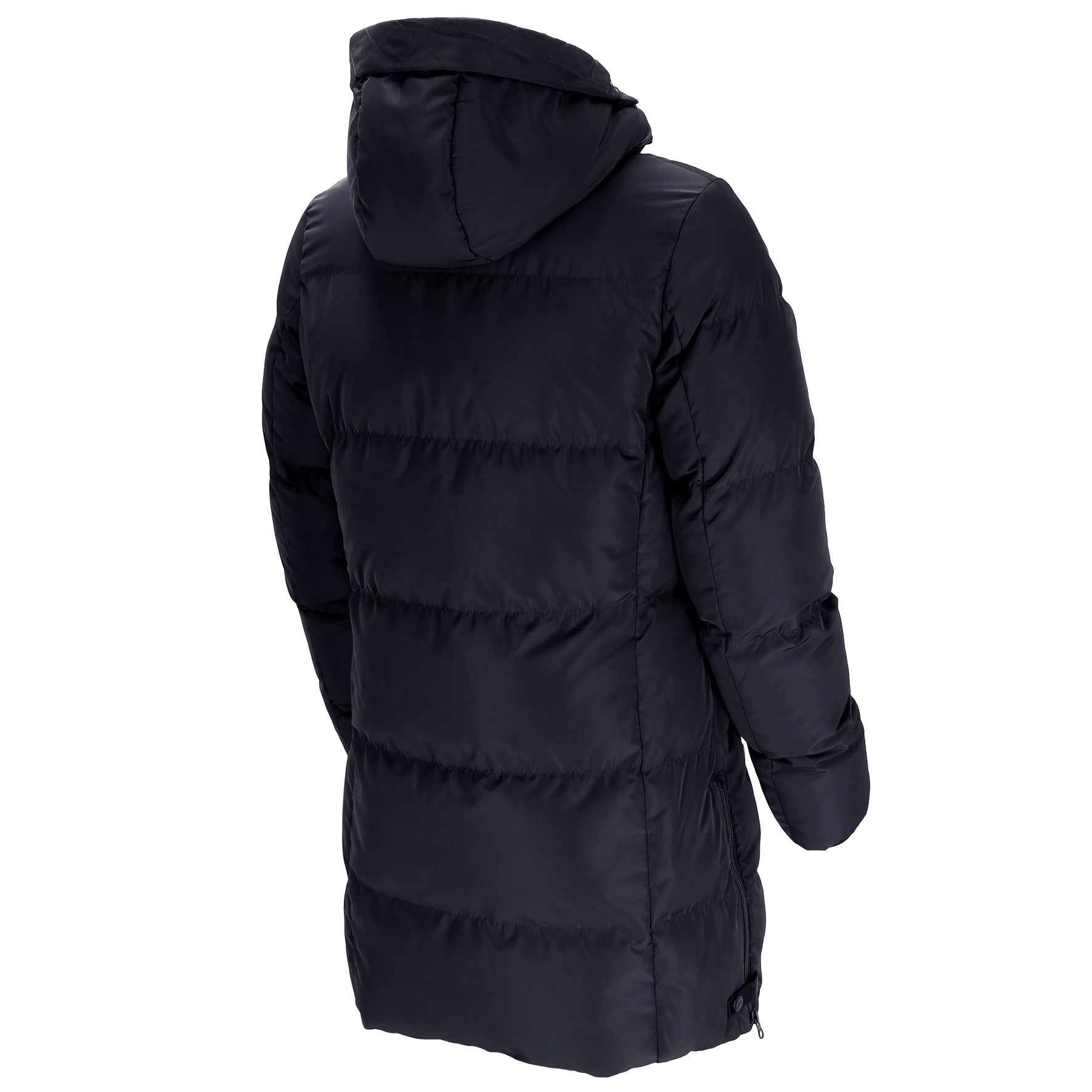 A black hooded puffer jacket shown from the back, featuring horizontal quilting and a high collar, set against a plain white background.