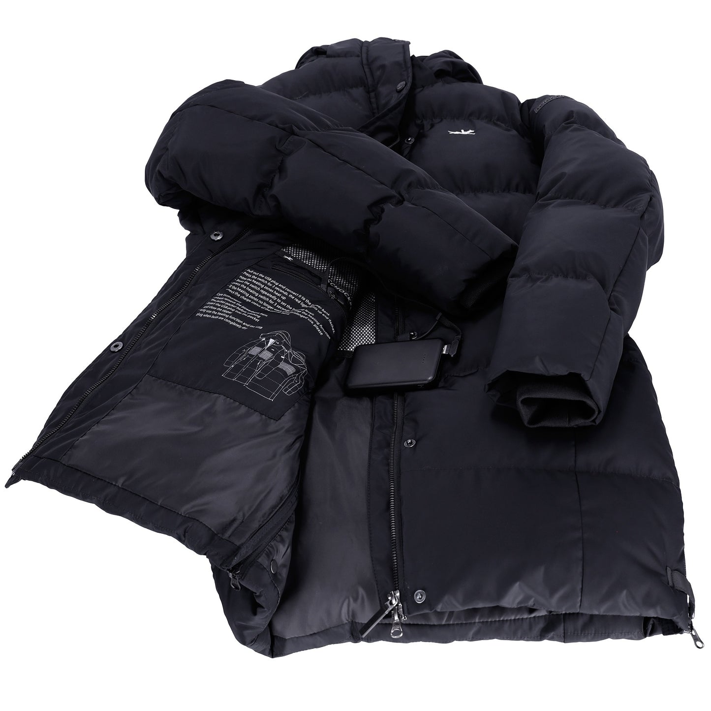 A black puffer jacket shown laid flat against a white background, with the front flap open to reveal the interior lining and zipper details.