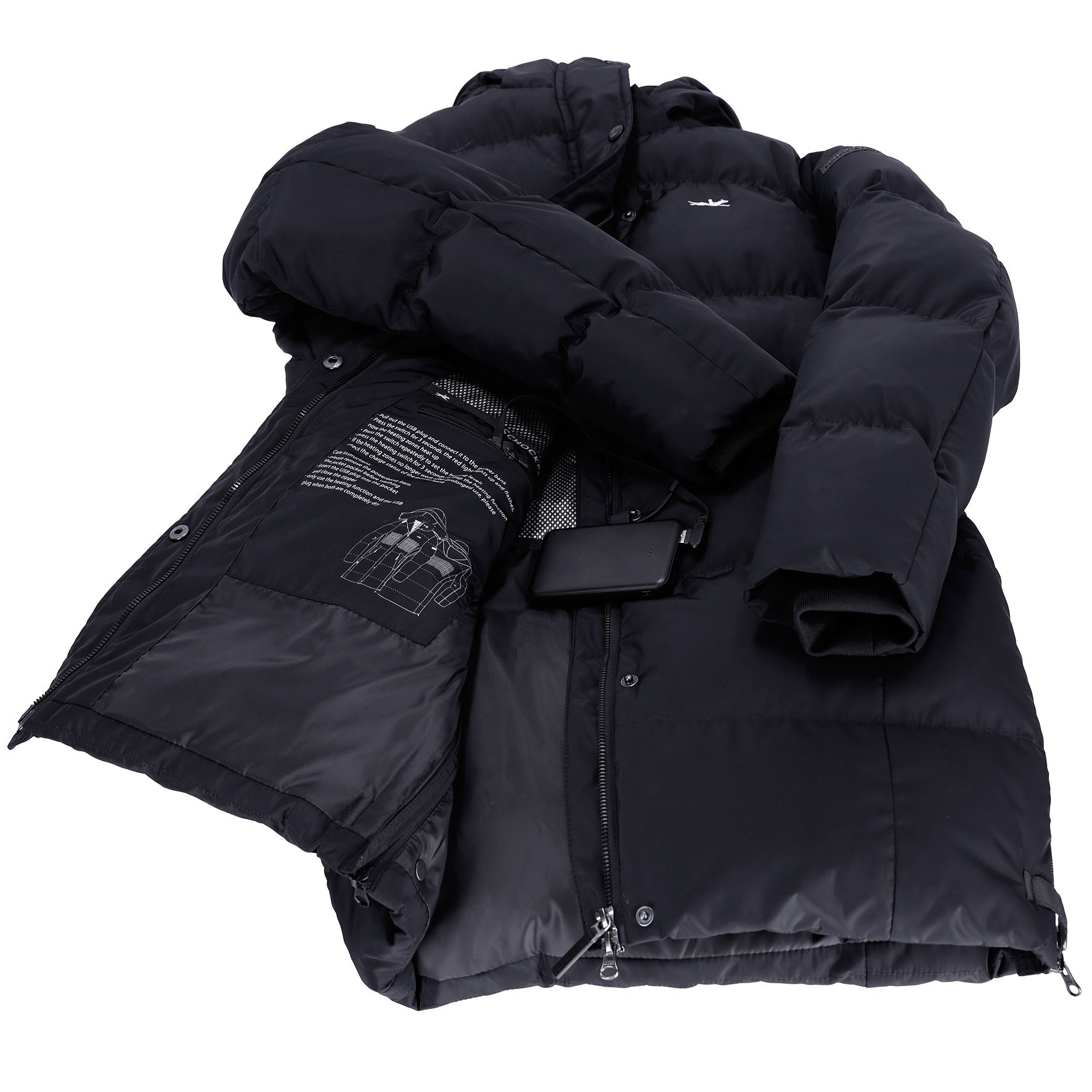 A black puffer jacket shown laid flat against a white background, with the front flap open to reveal the interior lining and zipper details.