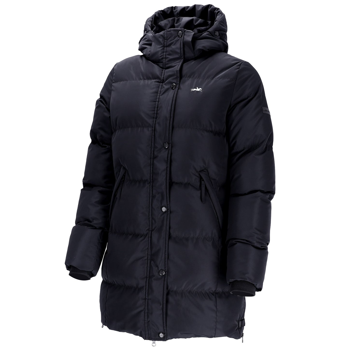 A black hooded puffer jacket with horizontal quilting, shown on a plain white background.