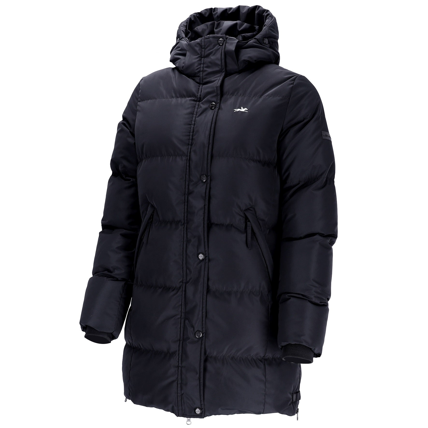 A black hooded puffer jacket with horizontal quilting, shown on a plain white background.