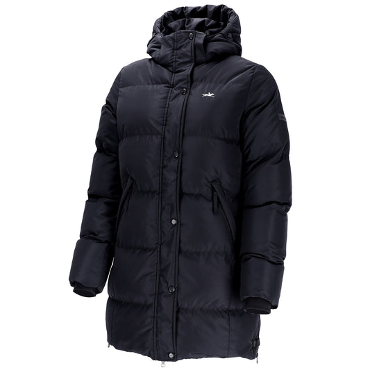 A black hooded puffer jacket with horizontal quilting, shown on a plain white background.