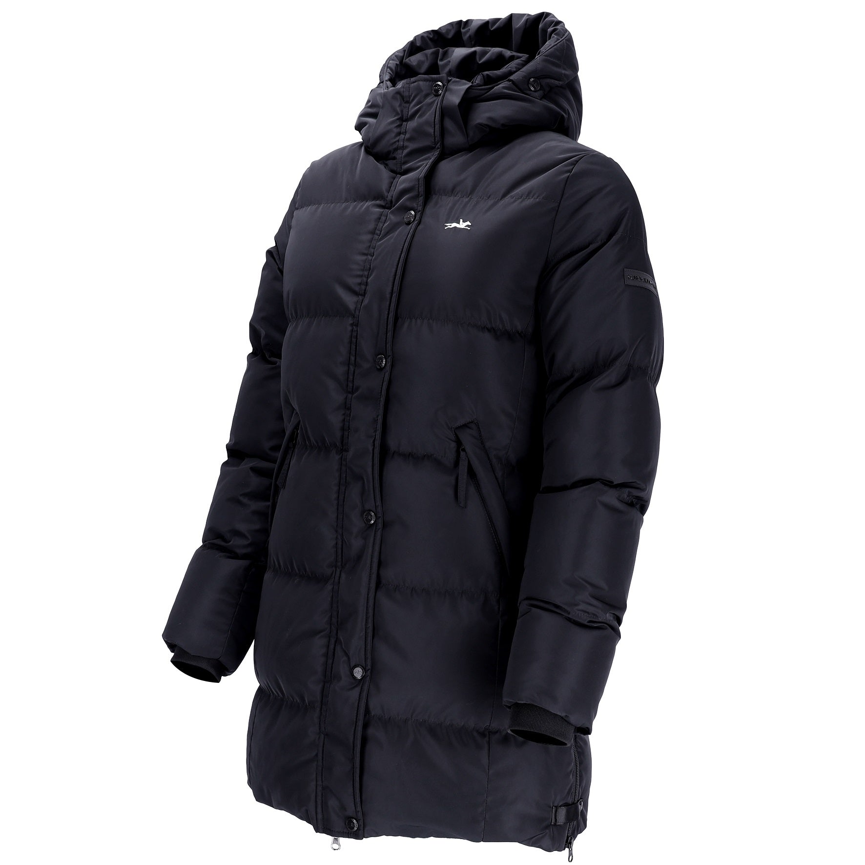 A black hooded puffer jacket with horizontal quilting, shown on a plain white background.