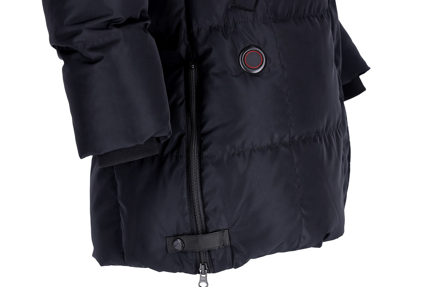 Close-up of a black puffer jacket showing the front zipper, a black snap button with a red accent ring, and a black strap detail on a white background.