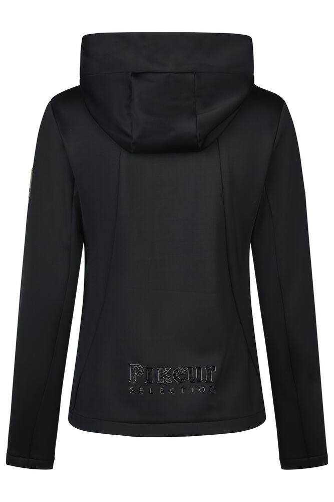 Black hooded jacket shown from the back, featuring a subtle tonal 'PIKEUR SELECTION' logo near the lower back, set against a plain white background.