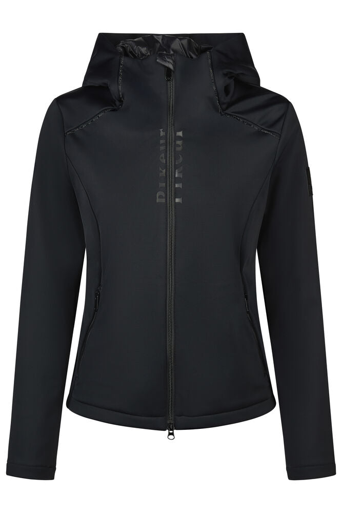 A black hooded zip-up jacket with a vertical 'PIKEUR' logo printed on the chest, displayed on a clean white background.