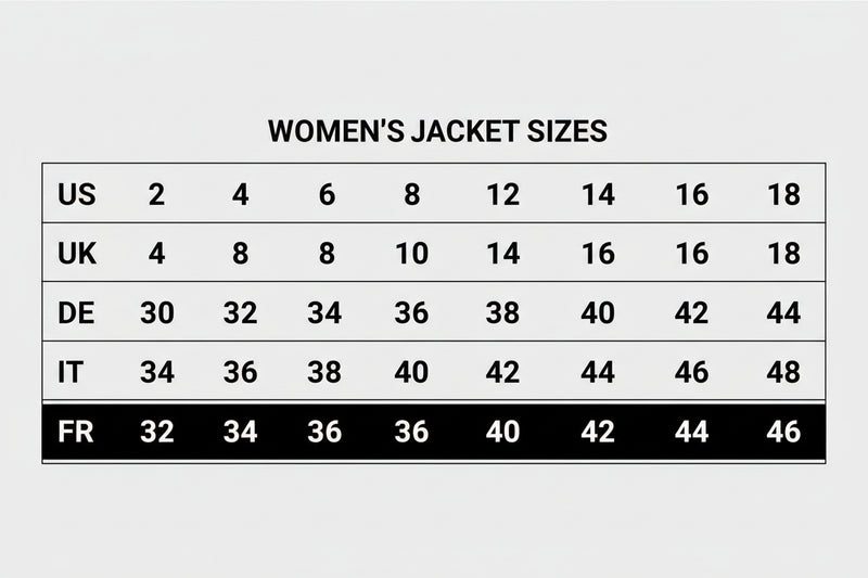 Size chart for women's jackets in various measurement systems on a gray background