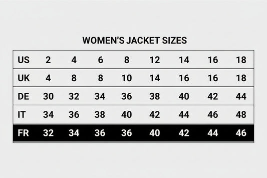 Size chart for women's jackets in various measurement systems on a gray background