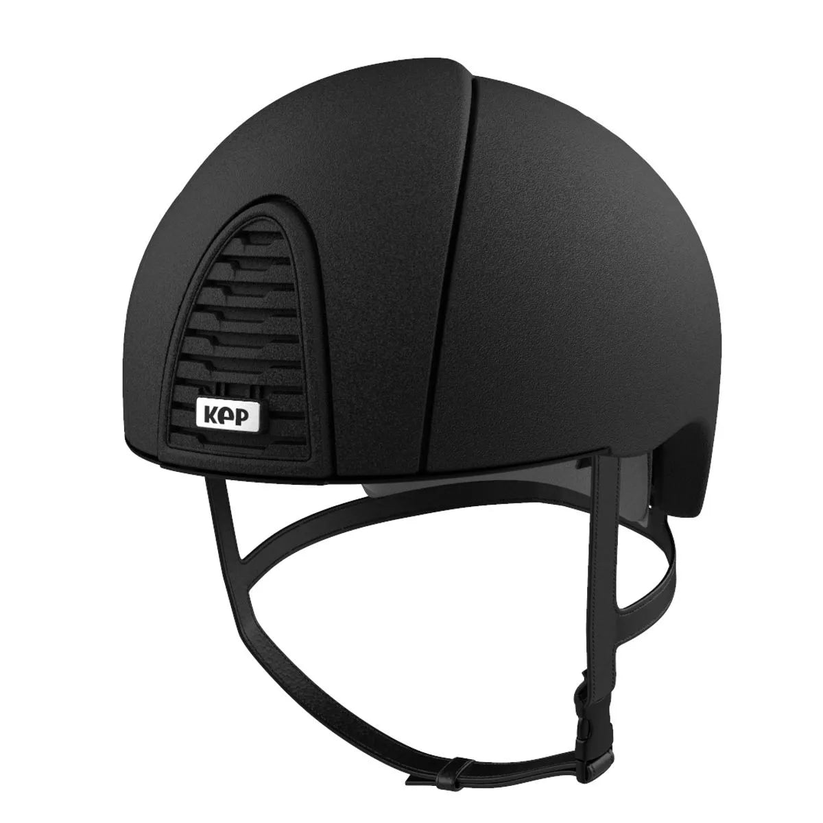 A matte black equestrian riding helmet with a visible KEP logo patch on the side, shown against a plain white background.