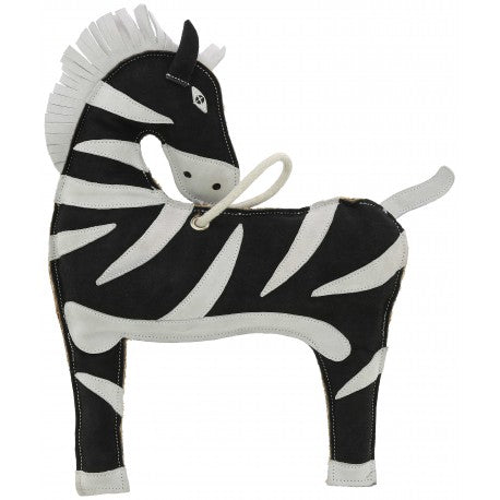 Black and white zebra toy on a white background