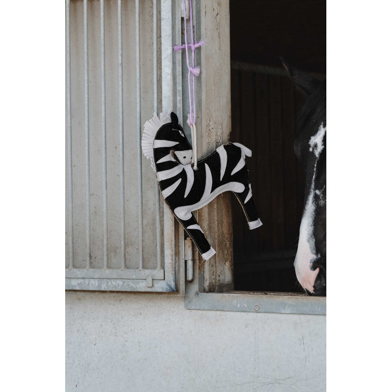 Zebra-shaped decoration hanging on a wooden door
