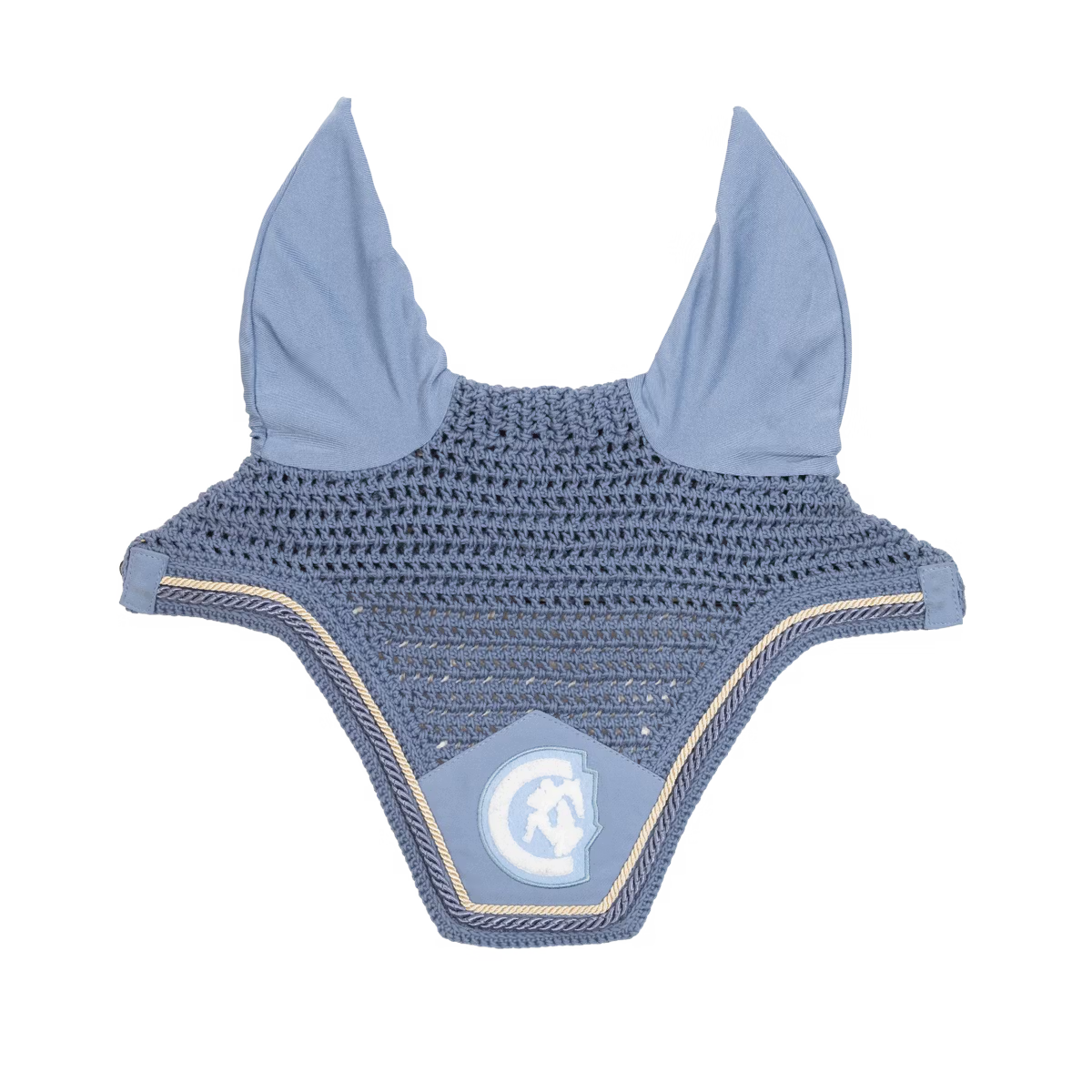 Blue crochet ear bonnet on a white background