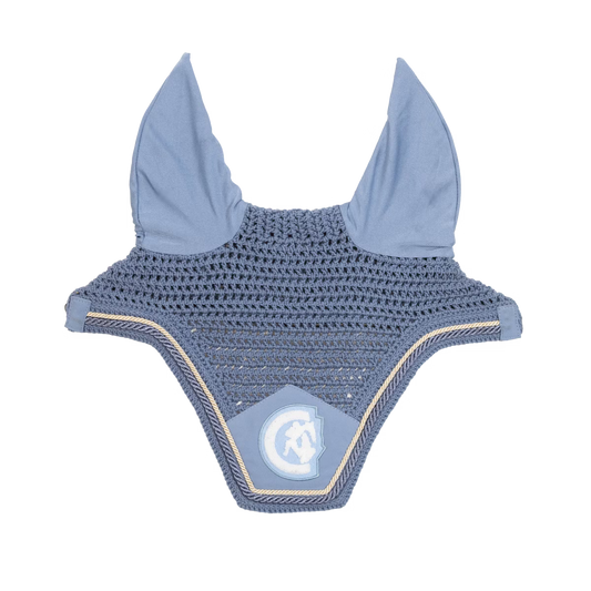 Blue crochet ear bonnet on a white background