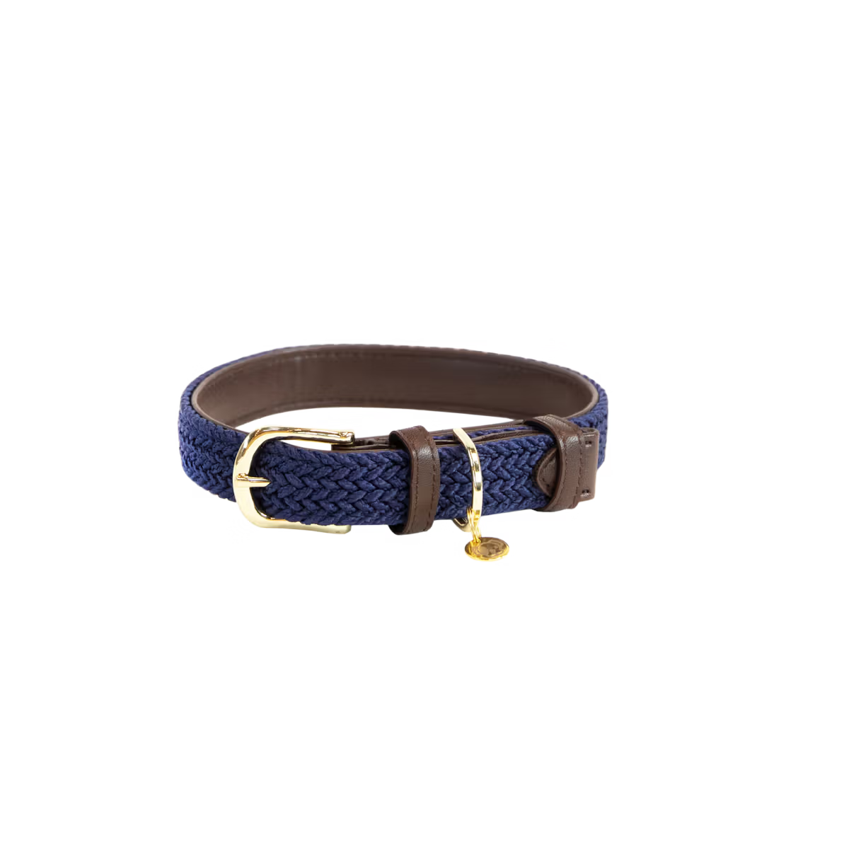 Navy blue braided dog collar with a gold buckle on a white background