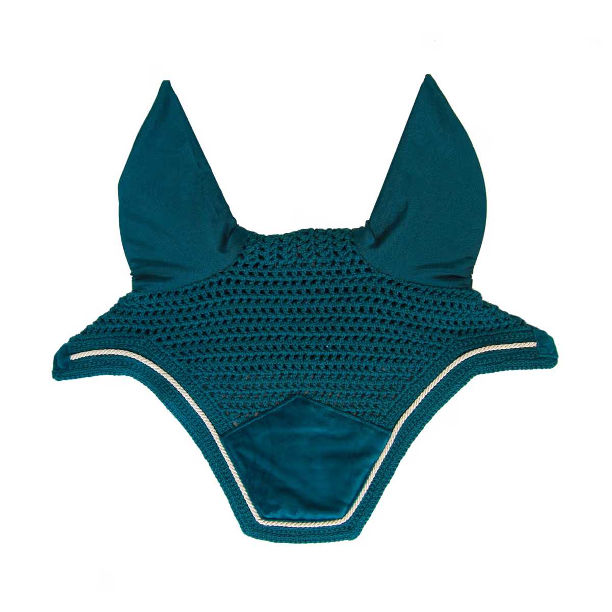 Teal crochet fly veil with white trim on a transparent background