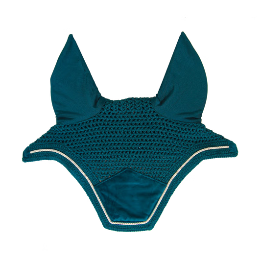 Teal crochet fly veil with white trim on a transparent background