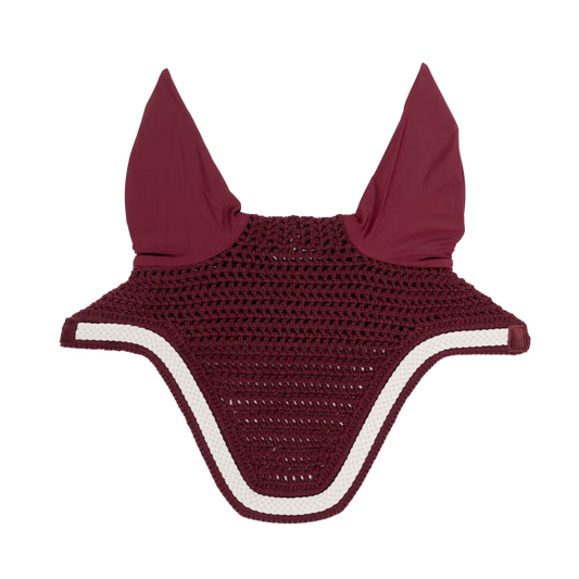 Maroon fly veil with white trim on a transparent background