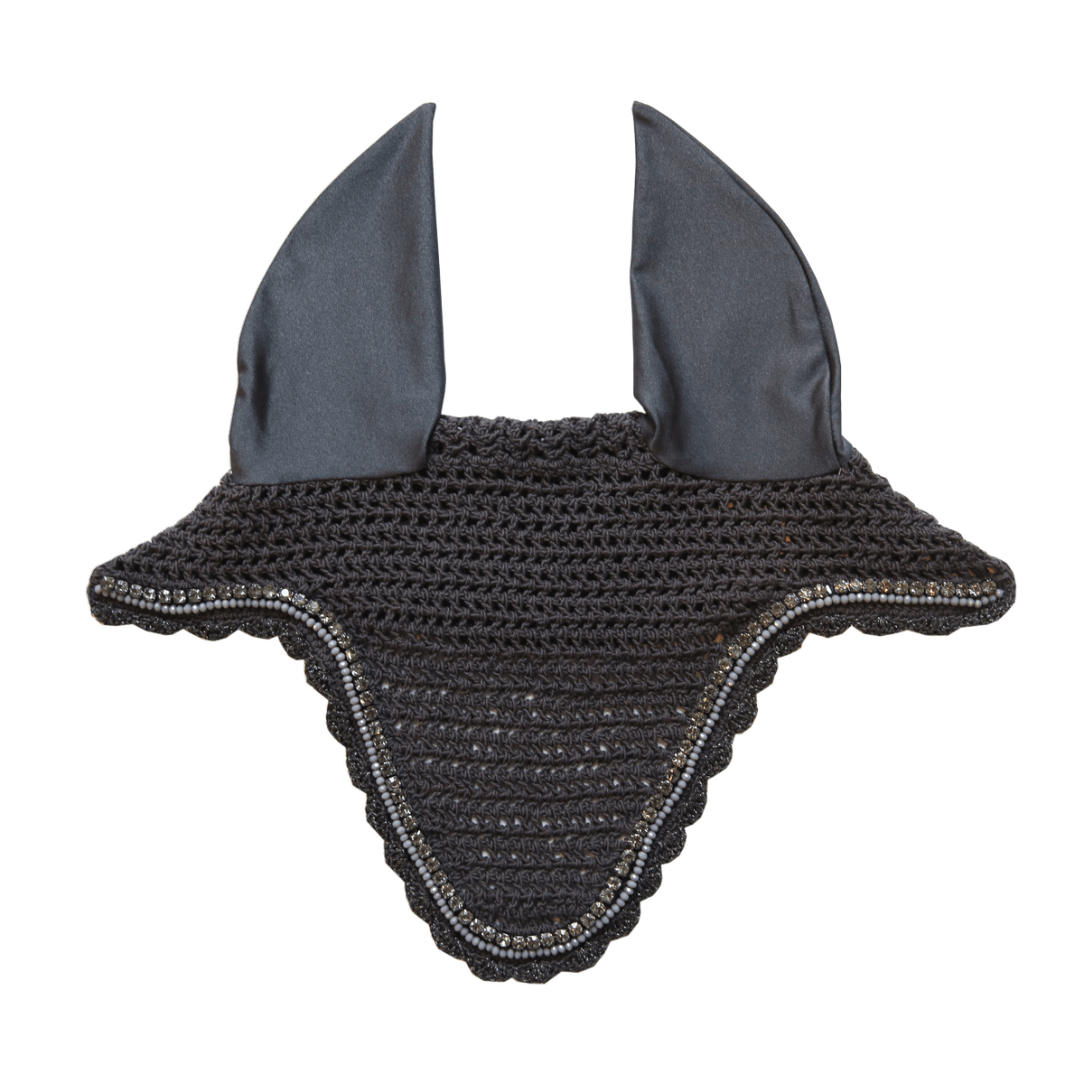 Black crochet ear bonnet with gray ears on a transparent background