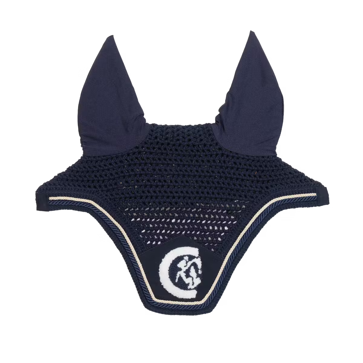 Navy blue equestrian ear bonnet with a logo on a white background