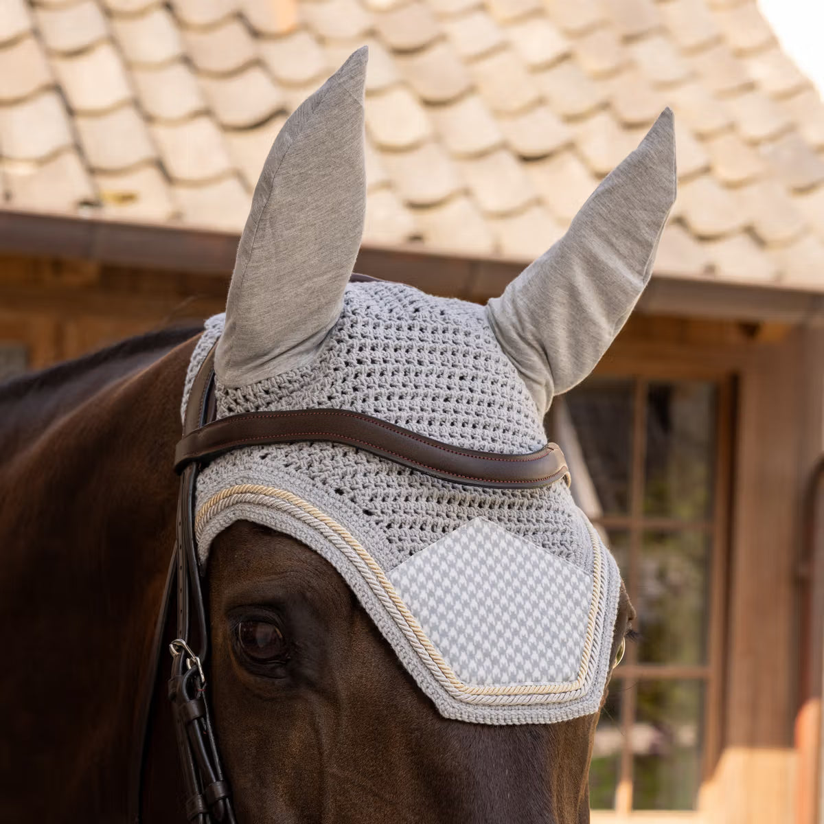 Horse wearing a textured gray fly mask with ear flaps in front of a wooden building.