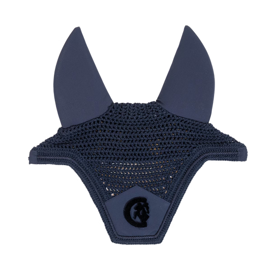 Blue crochet horse ear bonnet with a brand logo on a transparent background