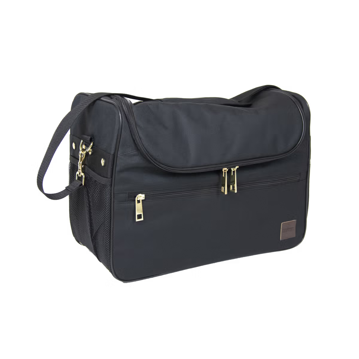 Black bag with gold zippers on a white background