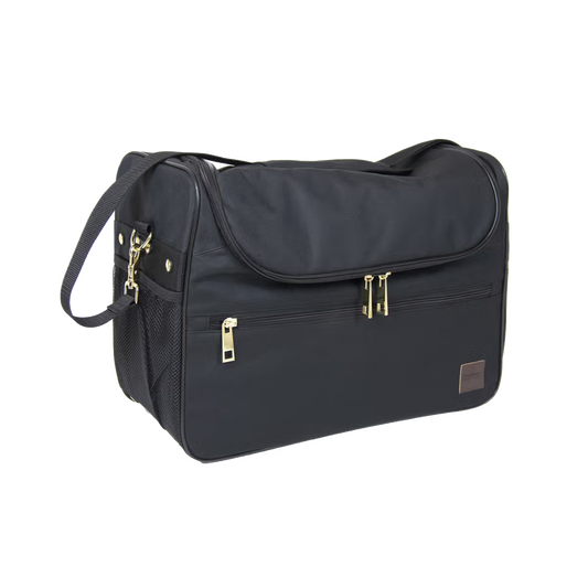 Black bag with gold zippers on a white background