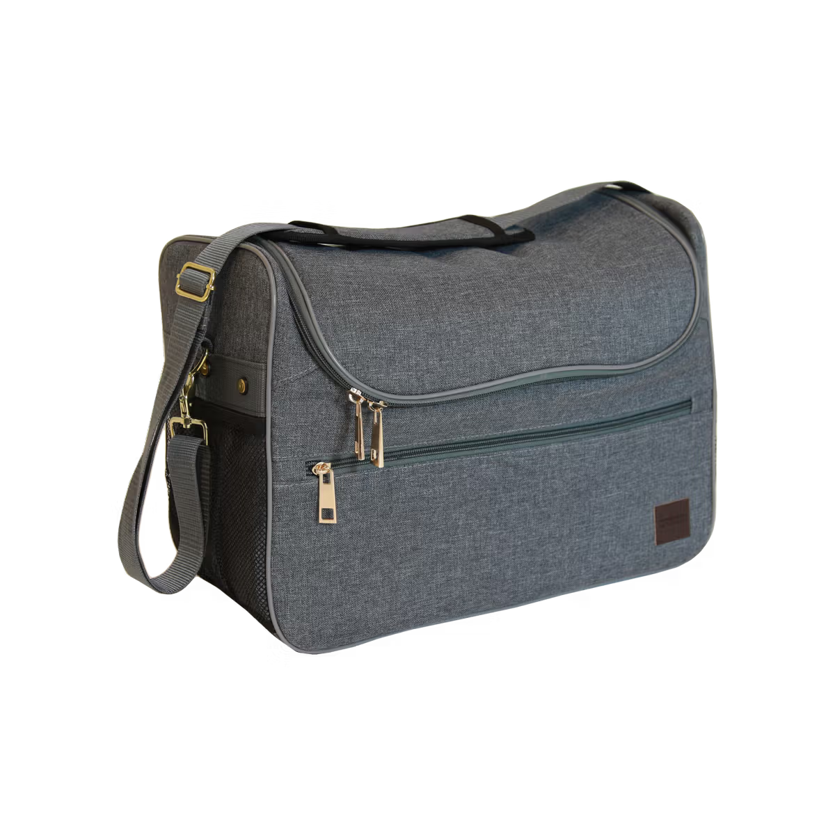 Gray grooming bag with gold zipper pulls on a white background