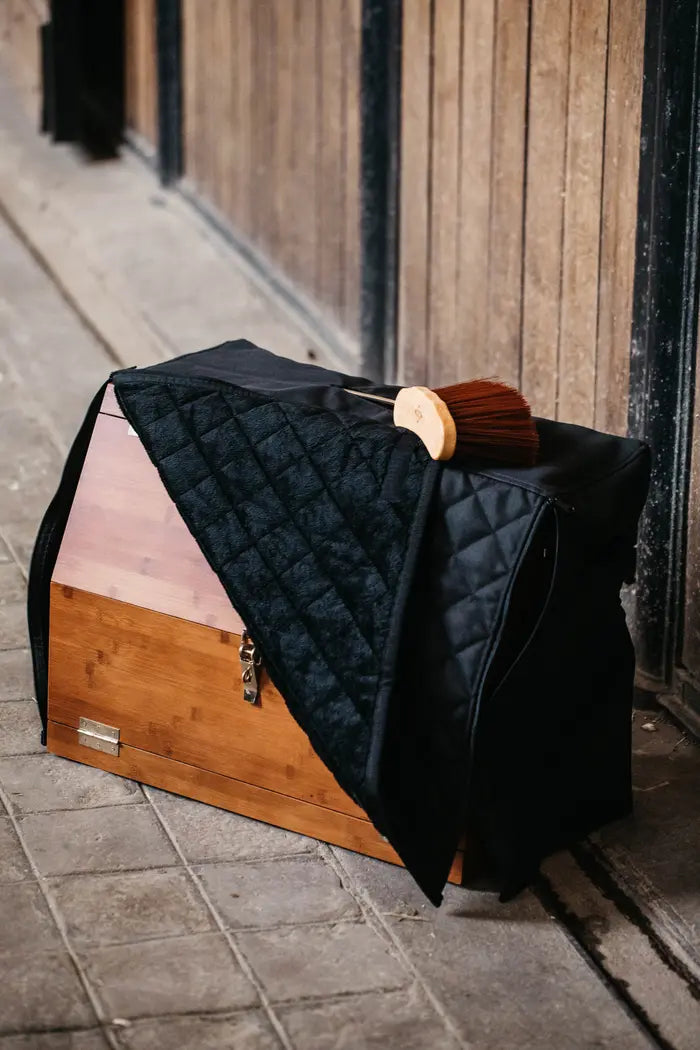 grooming box with cover slightly lifted up and a grooming brush on the box with a stable yard in the background