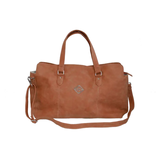 brown bag with handle and straps with logo on a white background