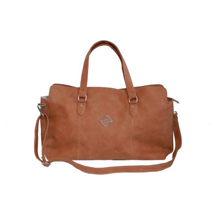 brown bag with handle and straps with logo on a white background