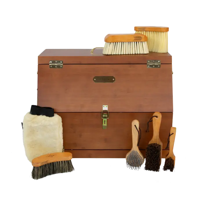 A deluxe show grooming box made of bamboo, featuring multiple compartments and gold snap closure, with a white background.