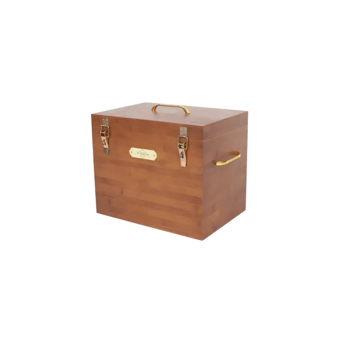 A deluxe stable grooming box made of bamboo, featuring multiple compartments and gold snap closure, on a white backgound.
