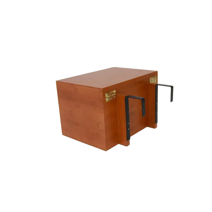 wooden grooming box with hooks for holding box on a transparent background