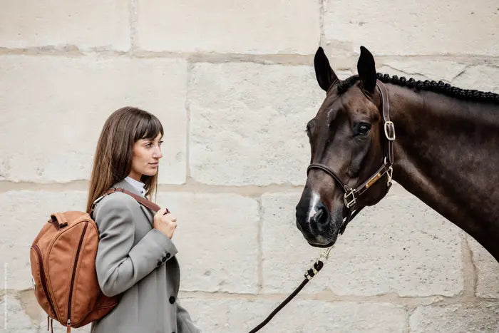 woman facing a horse holding a chesnut helmet bag over hershoulder