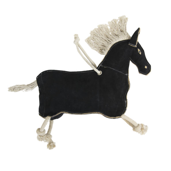 Black horse-shaped toy with braided mane and tail on a white background